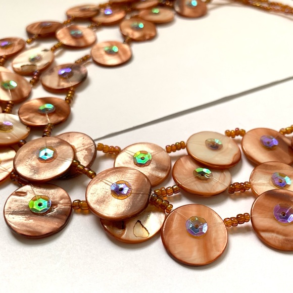 pink tan pearly disc beads 3 strand necklace with iridescent sequins boho chic - Picture 9 of 17